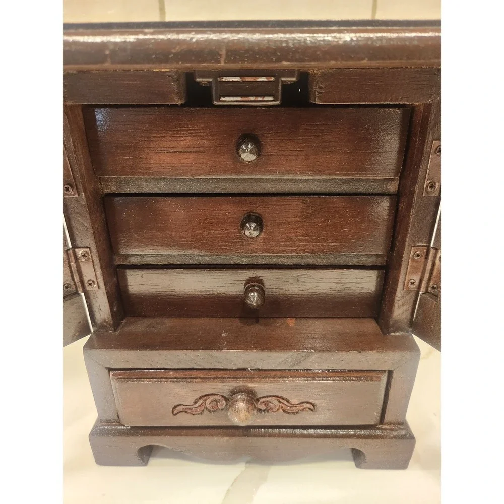 Vintage Wooden Jewelry Cabinet with Magnetic Doors & Multiple Felt Lined Drawers
